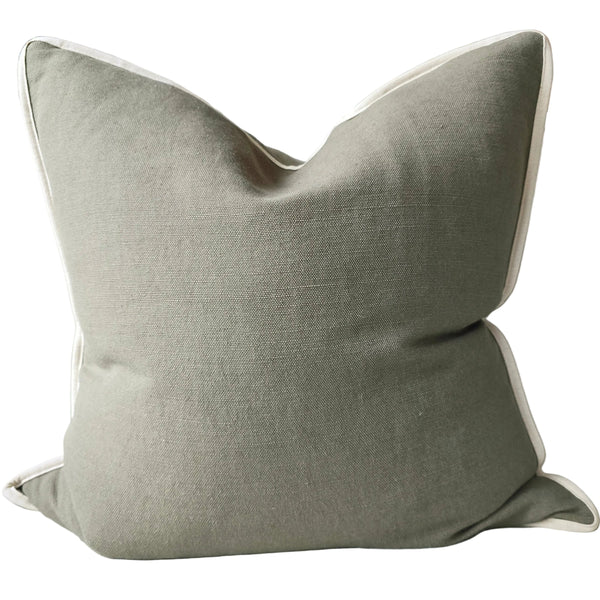 Reine Heavyweight Linen Cushion 55cm Square - Sage Green | Off White Border