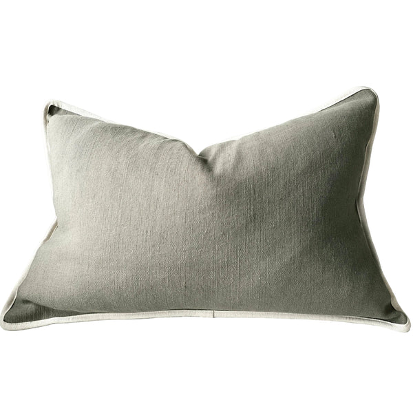 Reine Heavyweight Linen Cushion 40x60cm Lumbar - Sage Green | Off White Border