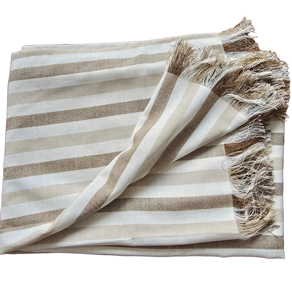 The Coastal Linen Blend Massive Throw Bedcover 150cm x 230cm - Cream | Warm Camel Stripe