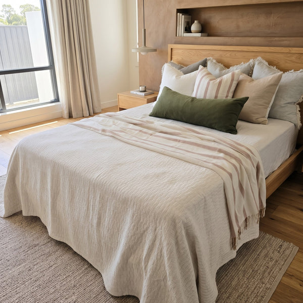 Mosaic Jacquard Double Sided Linen Cotton Bedcover 240 x 260cm | Off White & Beige