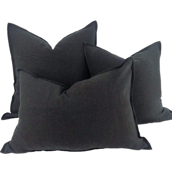 Reims Stonewashed Heavy Weight French Linen Cushion Feather Filled - Black Swan