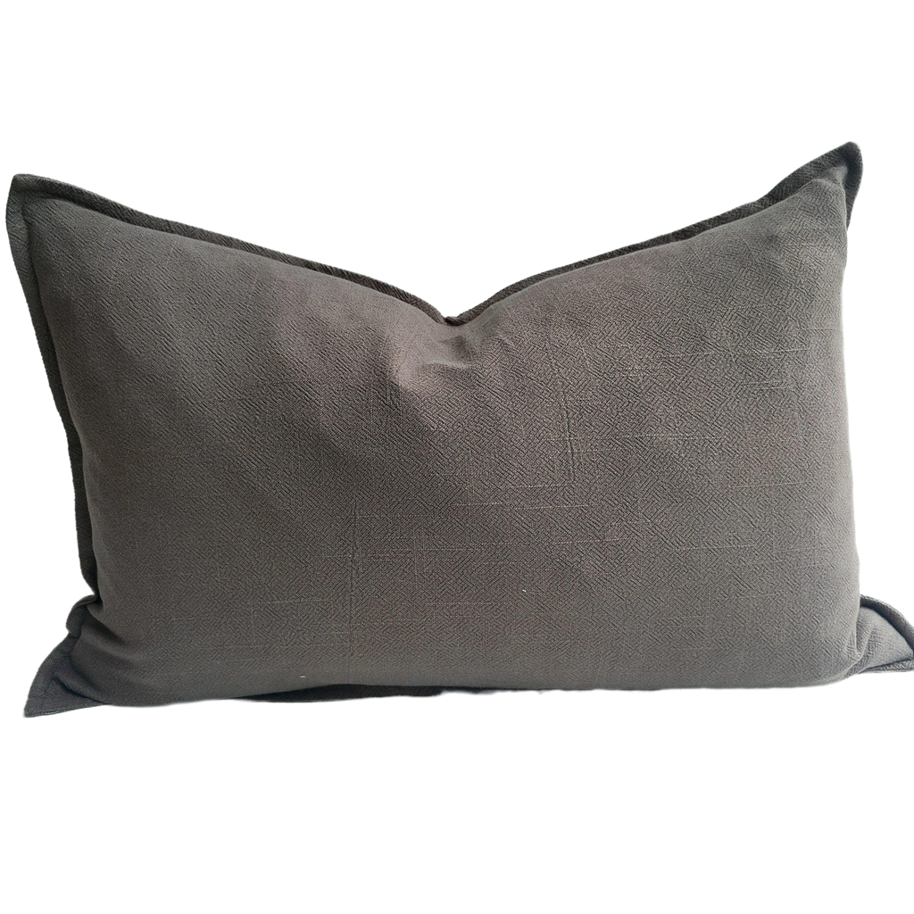 Oban Herringbone Woven Stonewashed French Linen Cushion 40cmx60cm Lumbar Feather Filled - Wood Charcoal