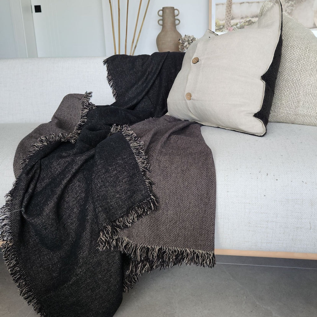 Rylee Texture Pure Linen Cotton Fringe Double Sided Massive Throw 140x220cm - Black