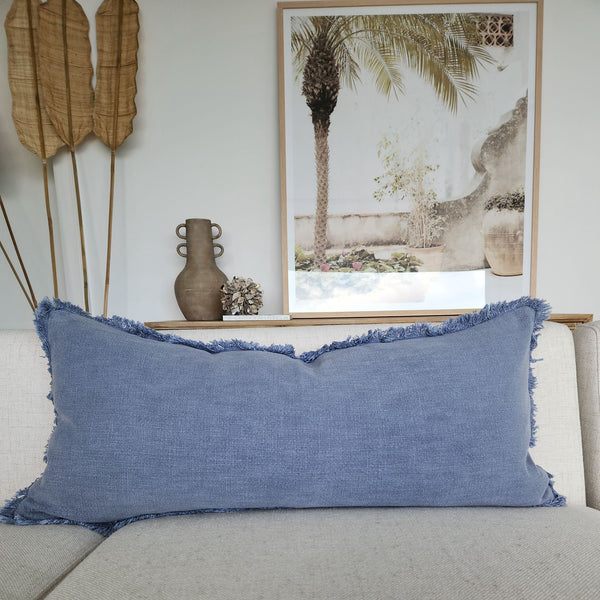 Champêtre Heavy Weight French Linen Cushion 40x90cm Lumbar Feather Filled - Classic Blue