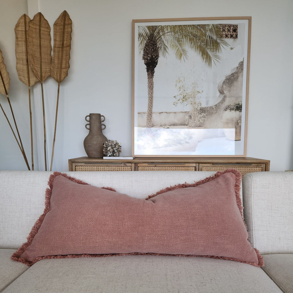 Champêtre Heavy Weight French Linen Cushion 40x90cm Lumbar Feather Filled - Rose Pink