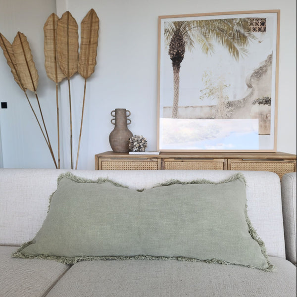 Champêtre Heavy Weight French Linen Cushion 40x90cm Long Lumbar Feather Filled - Sage Green