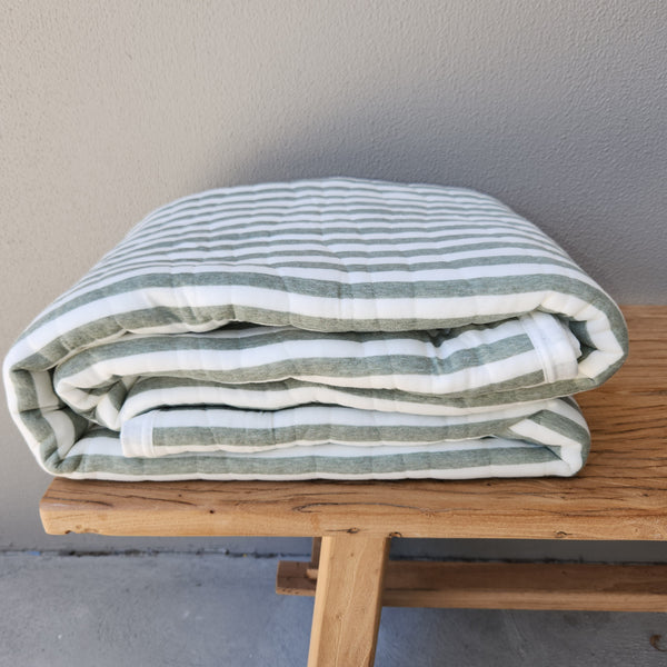 RESTOCK MID MARCH - Cannes Cotton Quilted Bed Cover Massive Blanket 230x200cm - Sage Green Striped