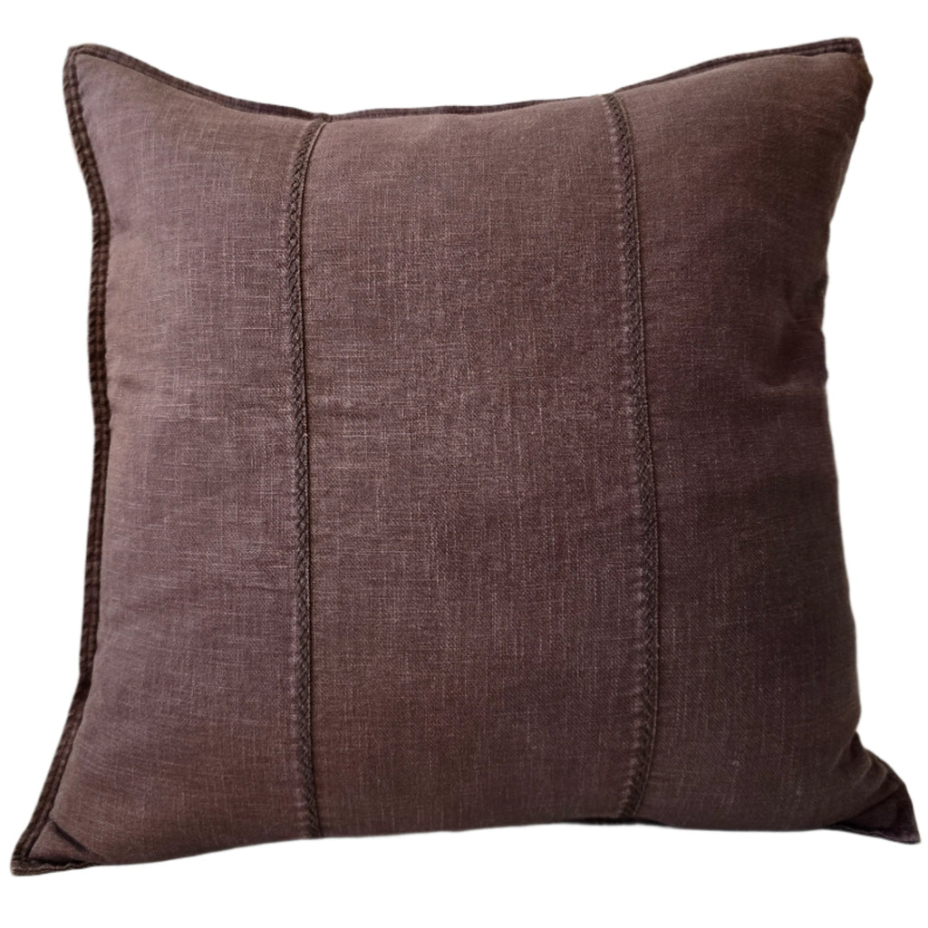Eveleigh Stonewashed Linen Cotton Cushion 55cm Square - Chocolate Brown | Embroidery Double Striped