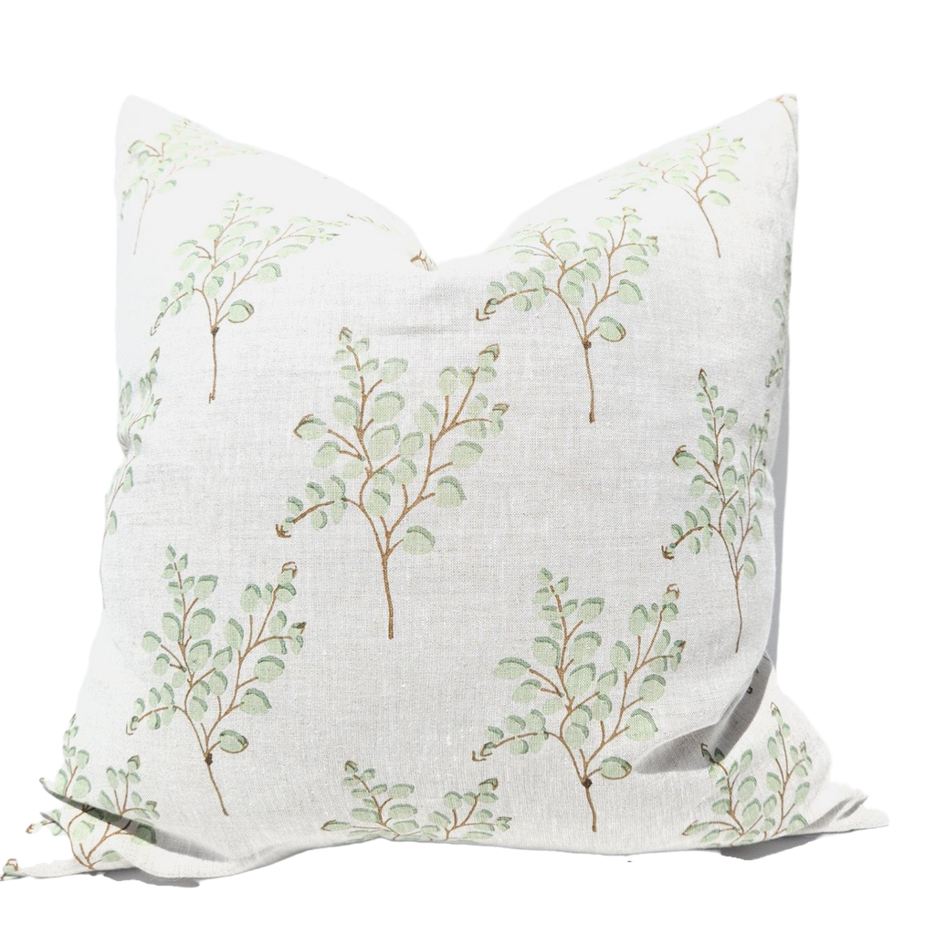 The Outback Artisan Block Printed Heavy Weight Pure French Linen Cushion 55cm Square - Eucalyptus