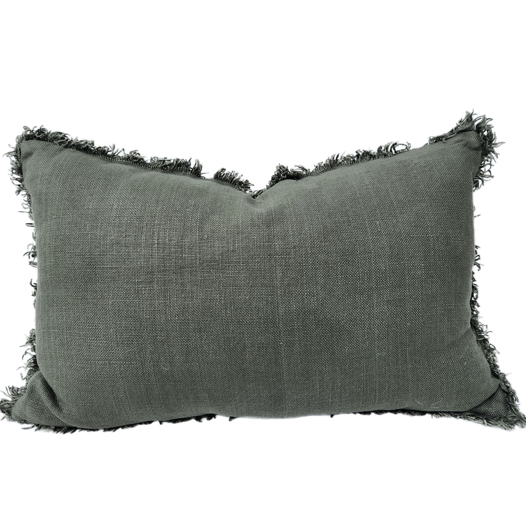 Matera Stonewashed Heavy Weight French Linen Cushion 40x60cm Lumbar Feather Filled - Jungle Green