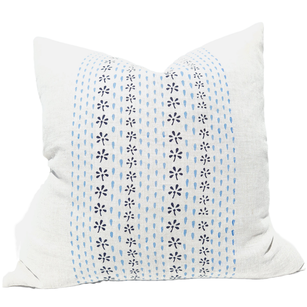 The Outback Artisan Block Printed Heavy Weight Pure French Linen Cushion 55cm Square - Raindrop Pageant Blue