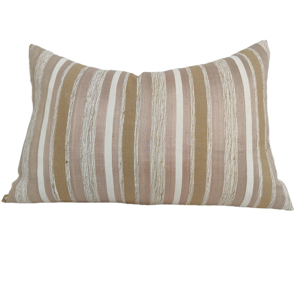 Orléans Hand Loomed Mulberry Silk Texture Cushion 40x60cm Lumbar Feather Filled -Earthy Tone Striped