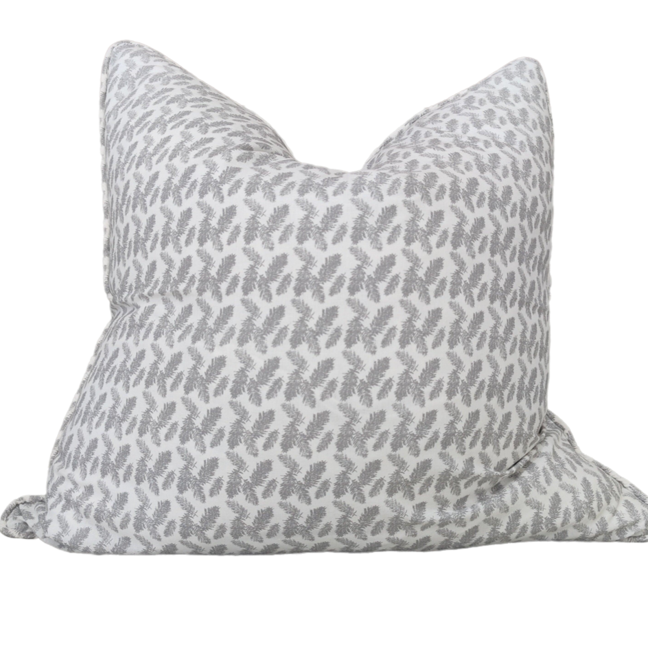 Pine Leaves Linen Cotton Cushion Feather Filled 55x55cm - Grey & White
