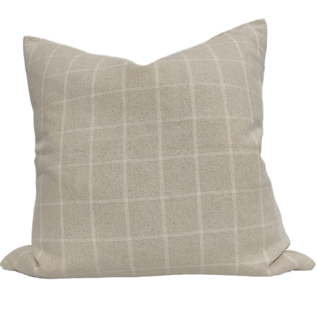 Irish Plaid Rustic Linen Cotton Cushion Feather Filled 55cm Square - Natural & White