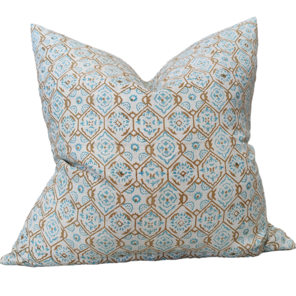 The Outback Artisan Block Printed Heavy Weight Pure French Linen Cushion 55cm Square - Wildflower Abound Blue