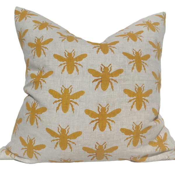 Royal Bee Artisan Block Printed Heavy Weight Pure French Linen Cushion 55cm Square - Feather Filled