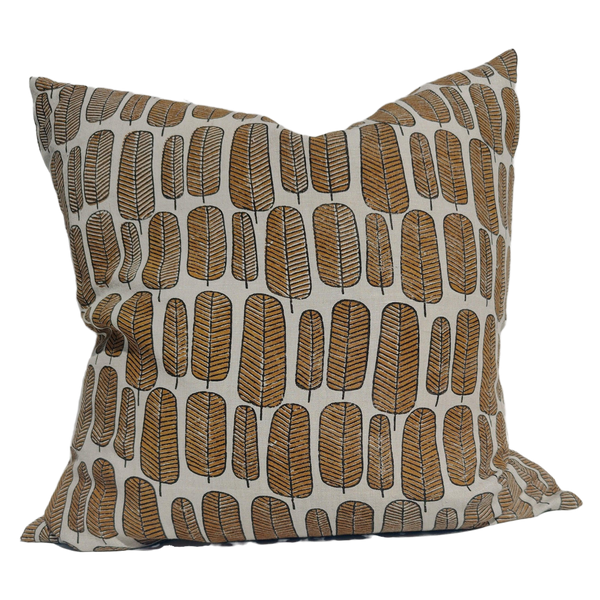 Enchanted Forest - Finch Feather Artisan Block Printed Heavy Weight Pure French Linen Cushion 55cm Square - Deep Orchre