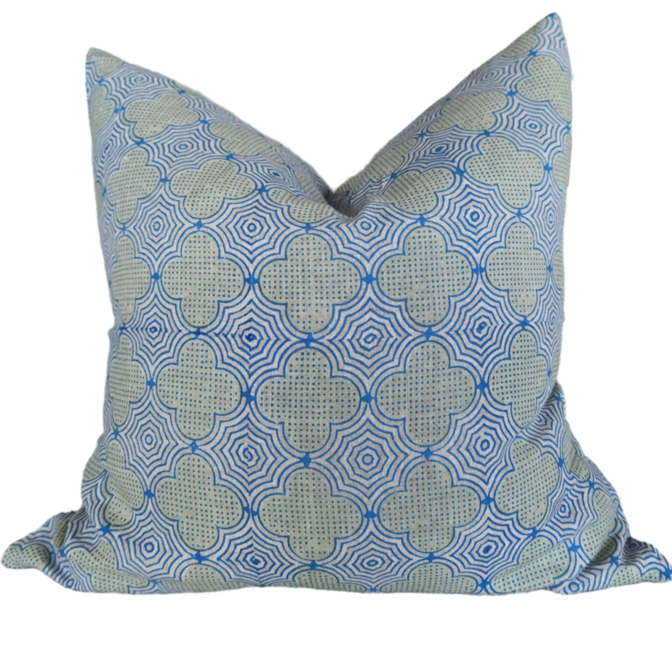 Candi Dasa Artisan Block Printed Heavy Weight Pure French Linen Feather Filled Cushion 55cm Square - Sage Green/Electric Blue