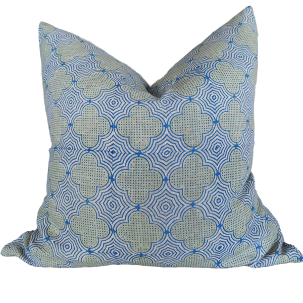Candi Dasa Artisan Block Printed Heavy Weight Pure French Linen Cushion 55cm Square - Sage Green/Electric Blue