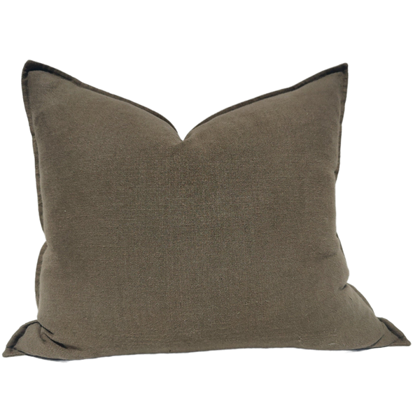 Rustique Stonewashed Heavy Weight French Linen Cushion 55cm Square Feather Filled - Green Brown