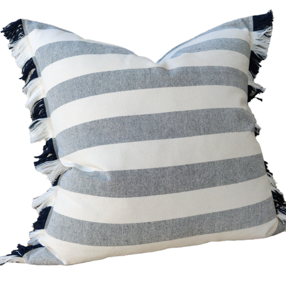 Caribbean Sea Texure Pure French Linen Cushion 55cm Square - White Navy Fringed