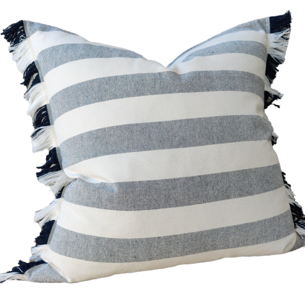 Caribbean Sea Texure Pure French Linen Cushion Feather Filled 55cm Square - White Navy Fringed