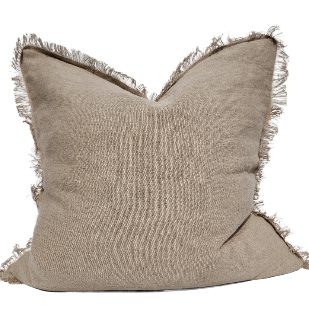 Riviera Heavy Weight Texture French Linen Fringed Edge Cushion Feather Filled 60cm Square - Mocha