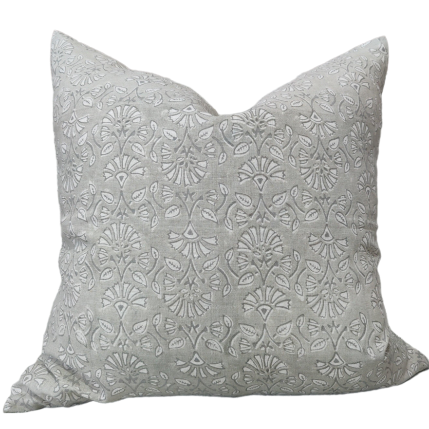 Sumatra Artisan Block Printed Heavy Weight Pure French Linen Cushion 55cm Square - Light Grey