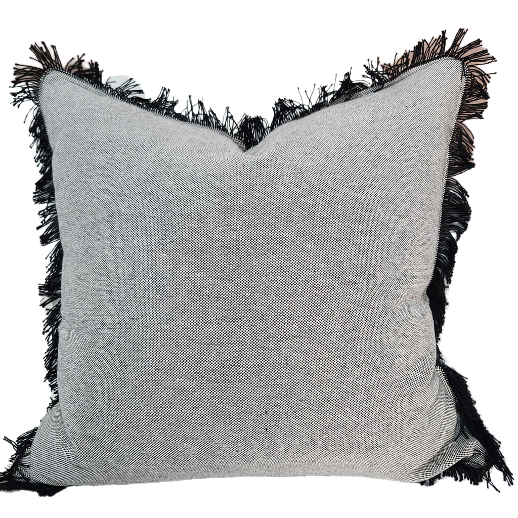 LAST TWO - Chloe Heavy Weight Pure French Linen Fringed Edge Cushion Square Feather Filled 55cm - Black Grey