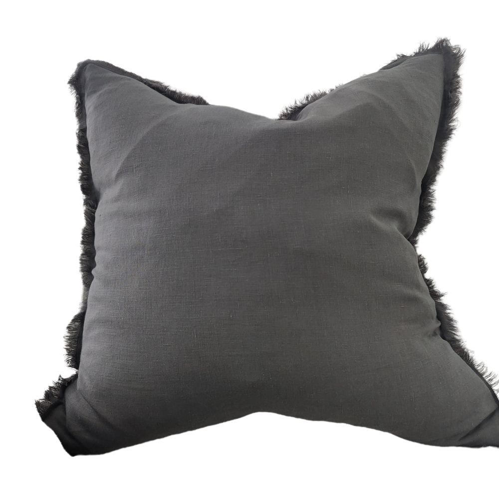 Hazelhurst 100% Pure French Linen Fringed Edge Cushion Square Feather Filled 50cm - Charcoal
