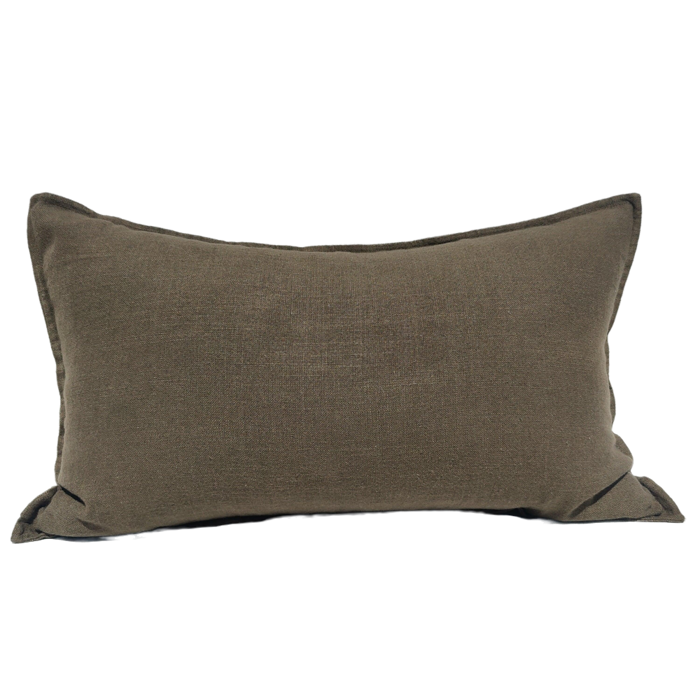 Rustique Stonewashed Heavy Weight French Linen Cushion 40x60cm Lumbar - Green Brown