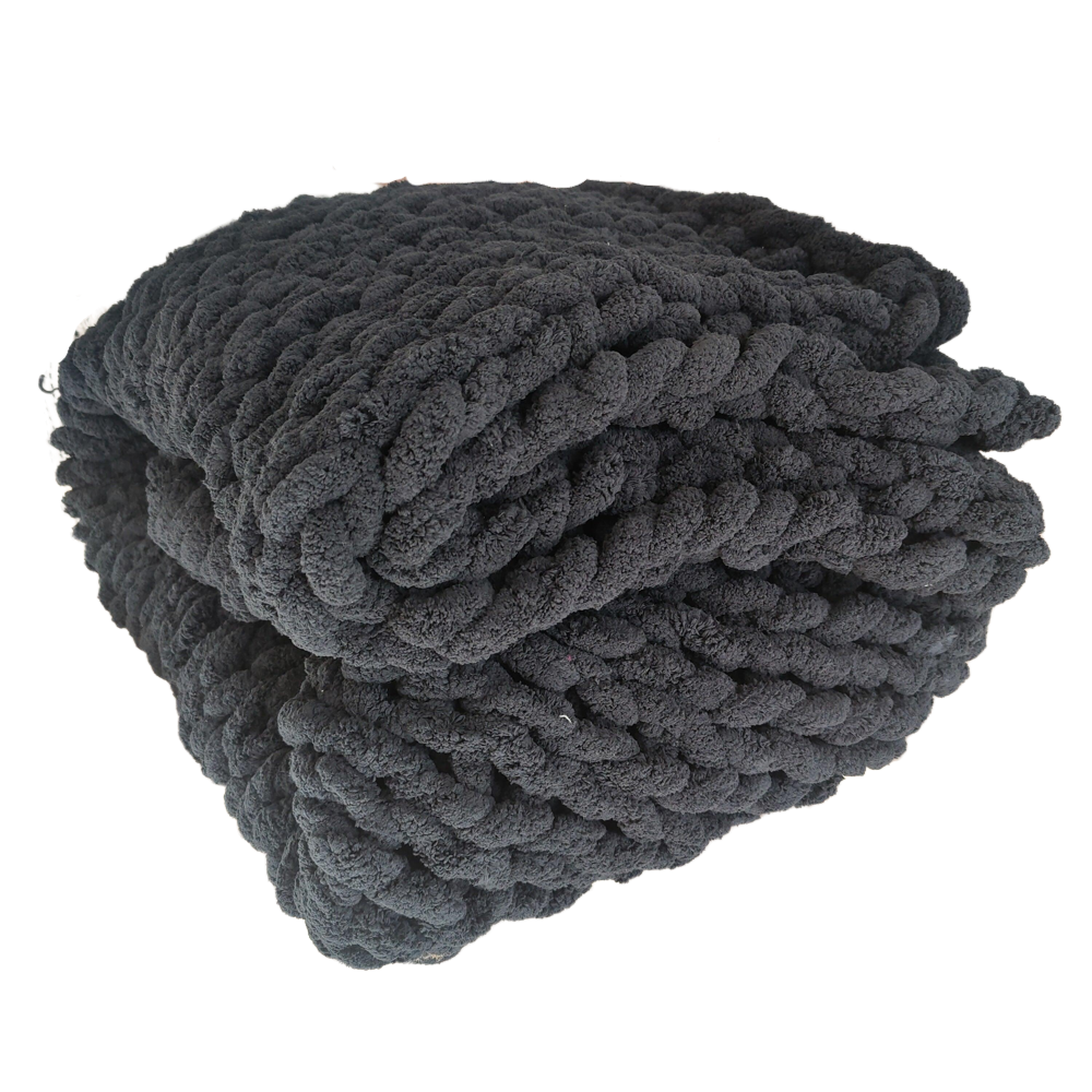 Willow Chunky Hand Knitted Chenille Throw Blanket Bedcover 150x200cm - Black