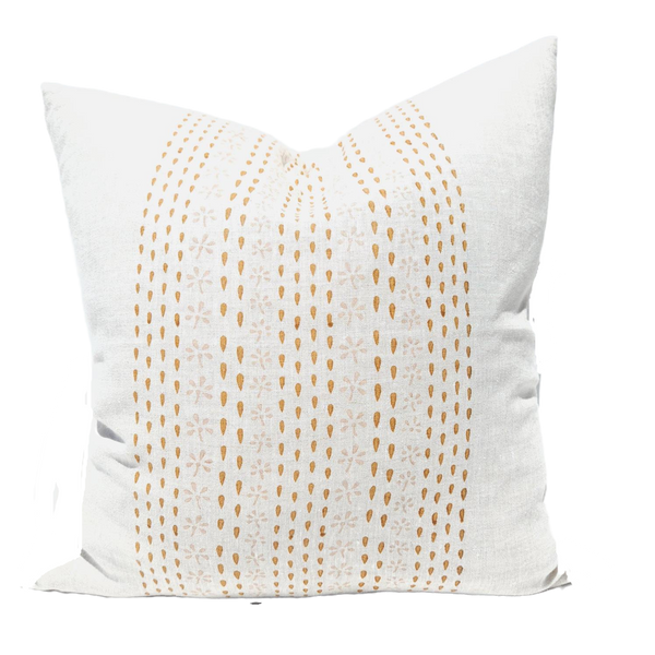 The Outback Artisan Block Printed Heavy Weight Pure French Linen Feather Filled Cushion 55cm Square - Raindrop Tapioca Pink