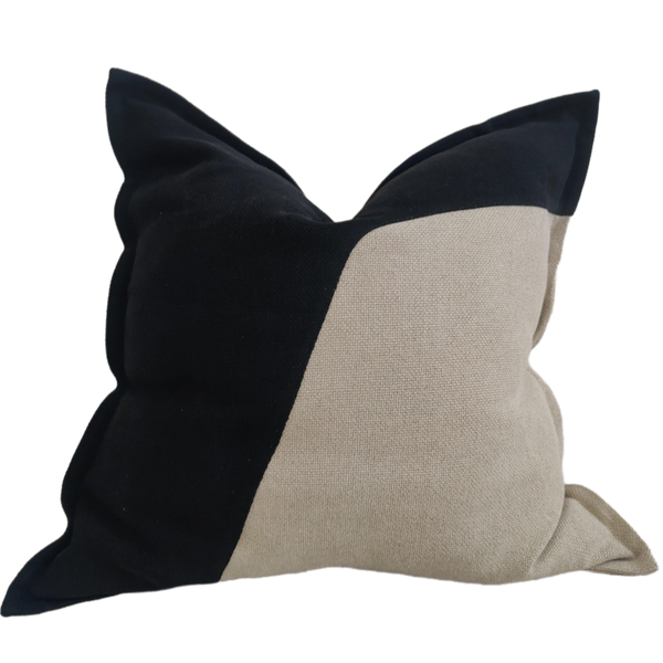 Rowan Patchworked Heavyweight Pure French Linen Cushion Feather Filled 55x55cm - Black & Natural