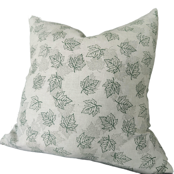 LAST ONE - JAPANDI Granite Green Maple Aartisan Block Printed Heavy Weight Pure French Linen Cushion 55cm Square - Feather Filled