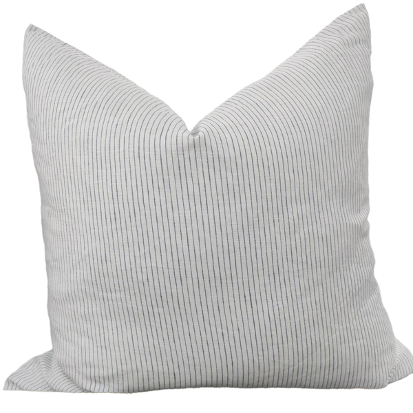 Tuscany Sun 100% Pure French Linen Cushion Square Feather Filled 60cm Square - Blue White Pinstriped