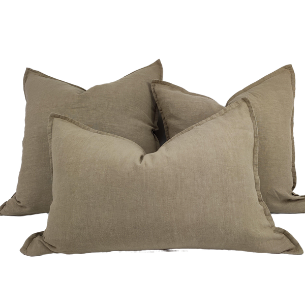 Reims Stonewashed Heavy Weight French Linen Cushion Feather Filled - Almond
