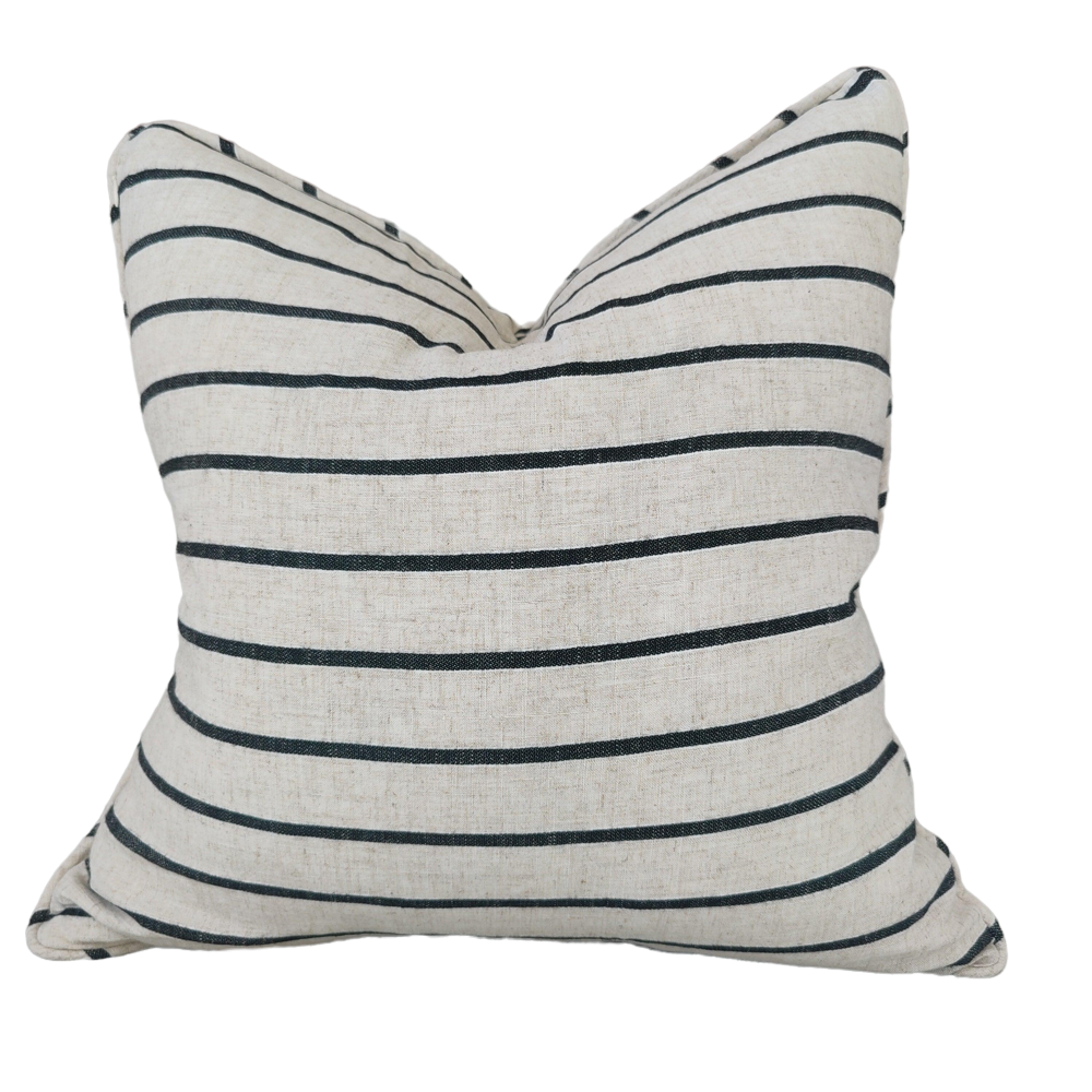 Elodie Texture Black & Natural Striped Heavyweight Pure French Linen Cushion Feather Filled 50x50cm