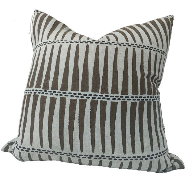 RESTOCK SOON - Tribal Artisan Block Printed Heavy Weight Pure French Linen Cushion 55cm Square Feather Fille - Brown / Black