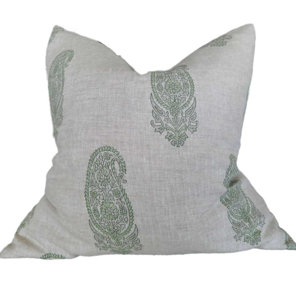 Candi Dasa Artisan Block Printed Heavy Weight Pure French Linen Cushion 55cm Square - Paisley Green