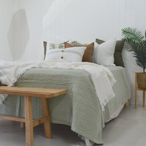 Daphne Stonewashed Cotton Reversible Quilted Bed Cover Massive Blanket 230x200cm - Sage Green