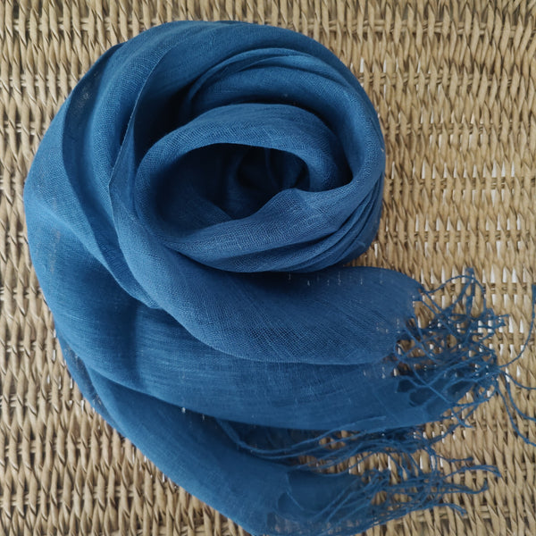 Aria Pure French Linen Long Scarves - Ocean Blue