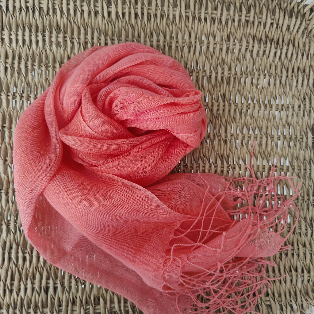 Aria Pure French Linen Long Scarves - Pink Coral