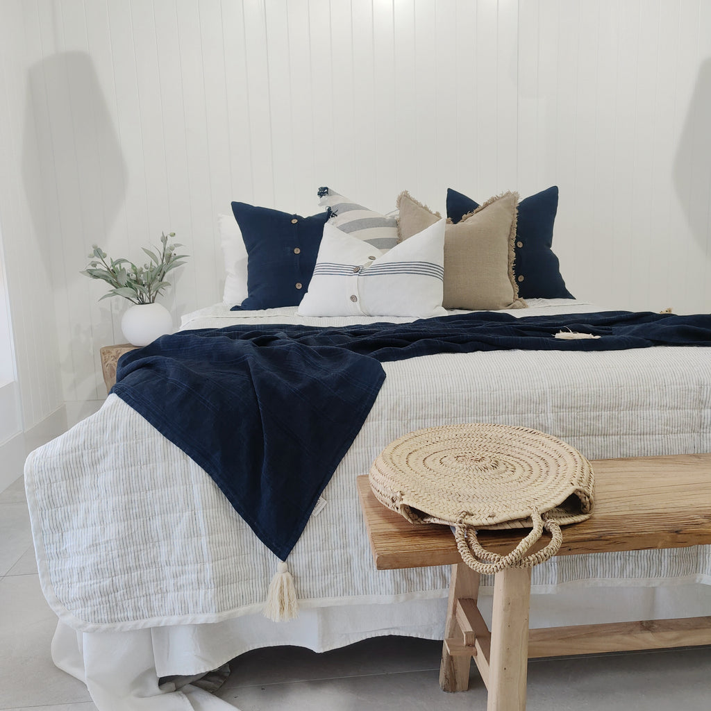 Helsinki 100% Pure French Linen Quilted Bed Cover - Tuscan Sun Pinstriped