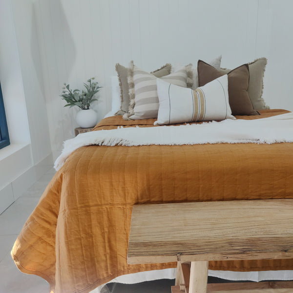 Helsinki 100% Pure French Linen Quilted Bed Cover - Cinnamon