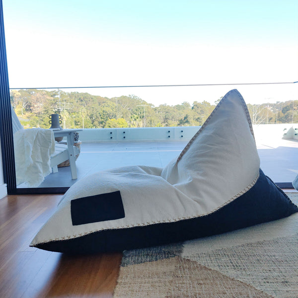PREORDER | Hygge Boucle Hemp Cross Stitched Edge Beanbag - Cream White and Black