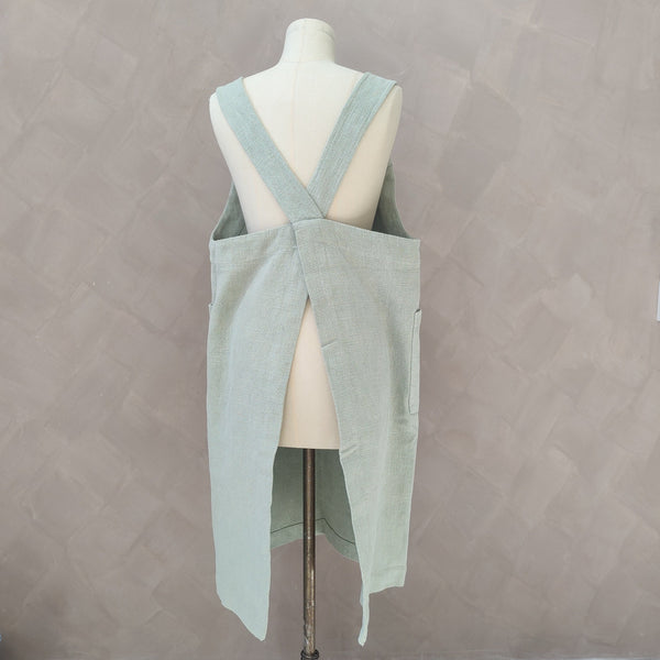 Champêtre Heavy Weight Pure French Linen Pinafore Cross Back - Sage Green