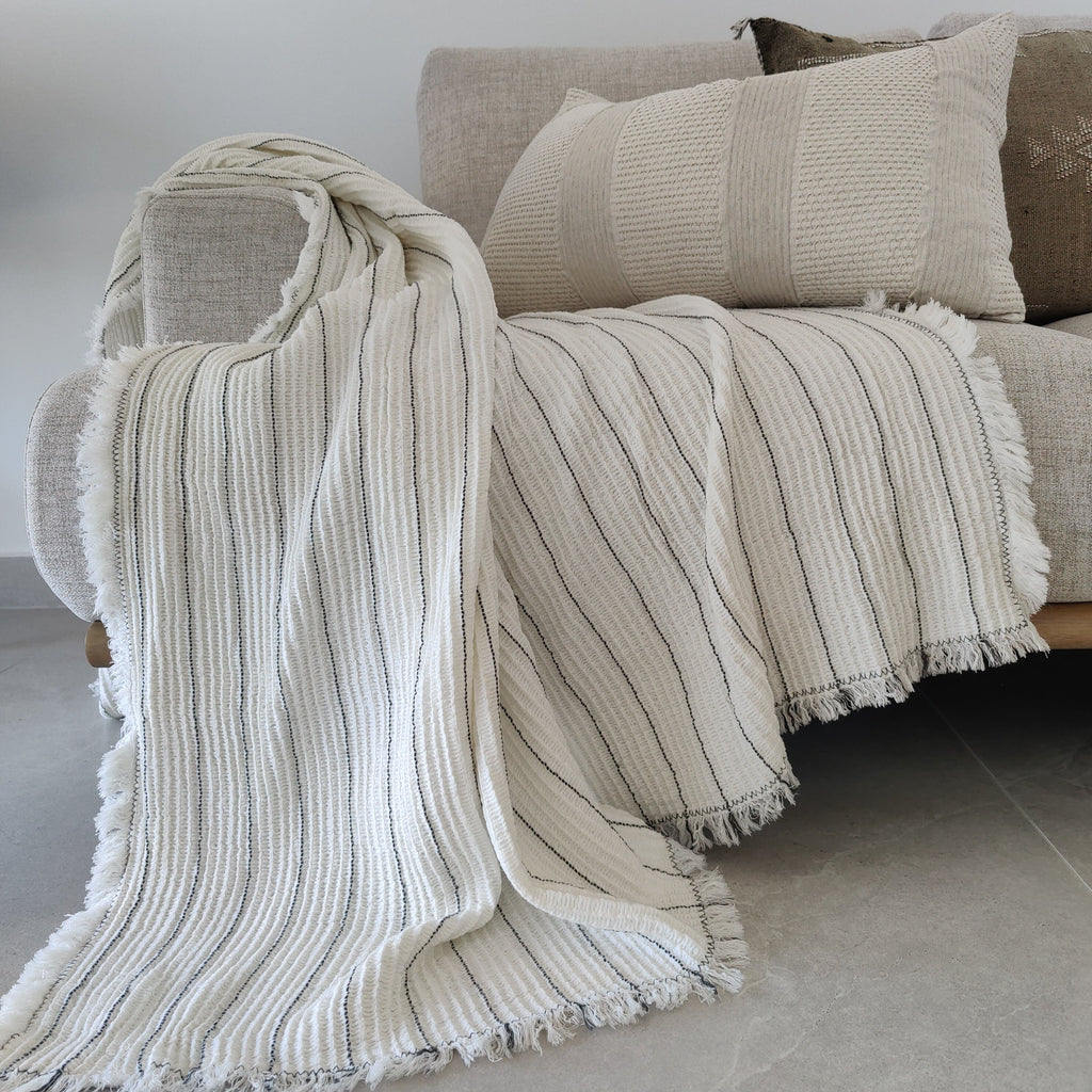 Bibury Texture Wave Cotton Fringe Throw 150x200cm - Black Striped