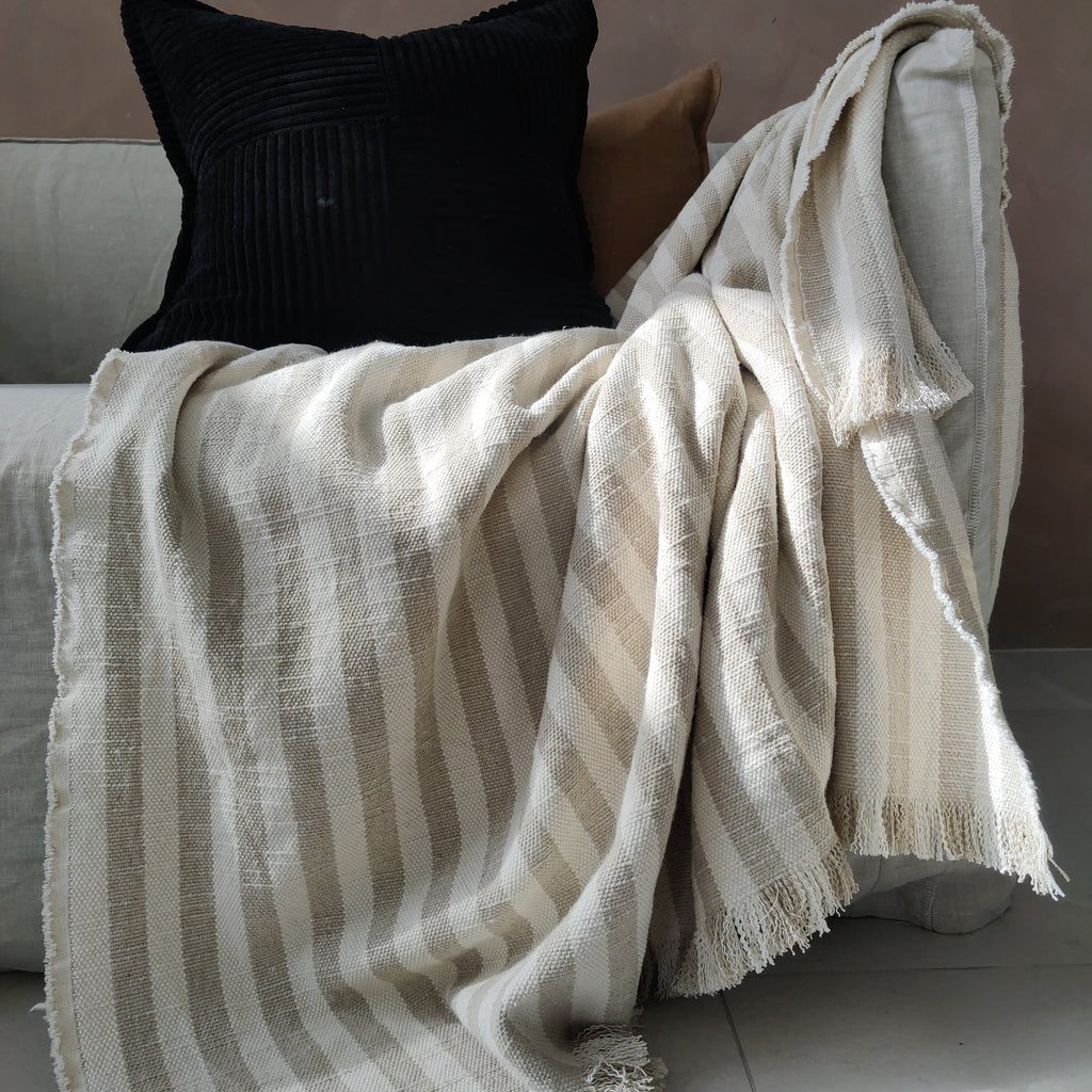 Bondi Sand French Linen Hand-Knotted Fringe Throw 150cm x 220cm