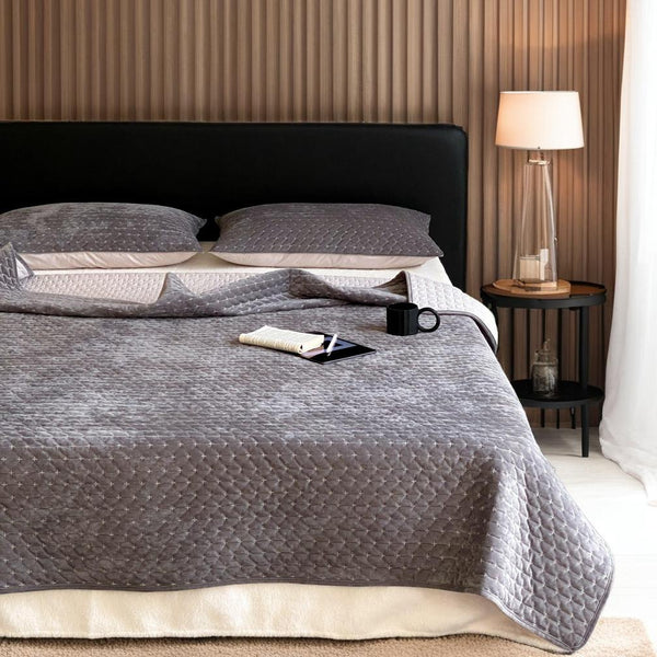 Sardinia Cross Stitched Velvet Bedspread Coverlet Set 230cm x 245cm + 2 Pillowcases | Charcoal
